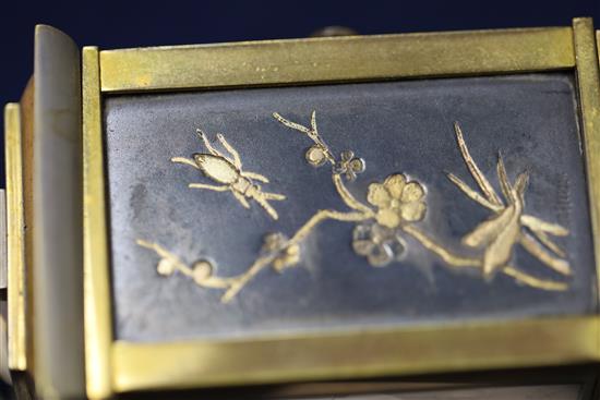 An early 20th century French gilt brass and Komai style miniature carriage timepiece, 3.5in.